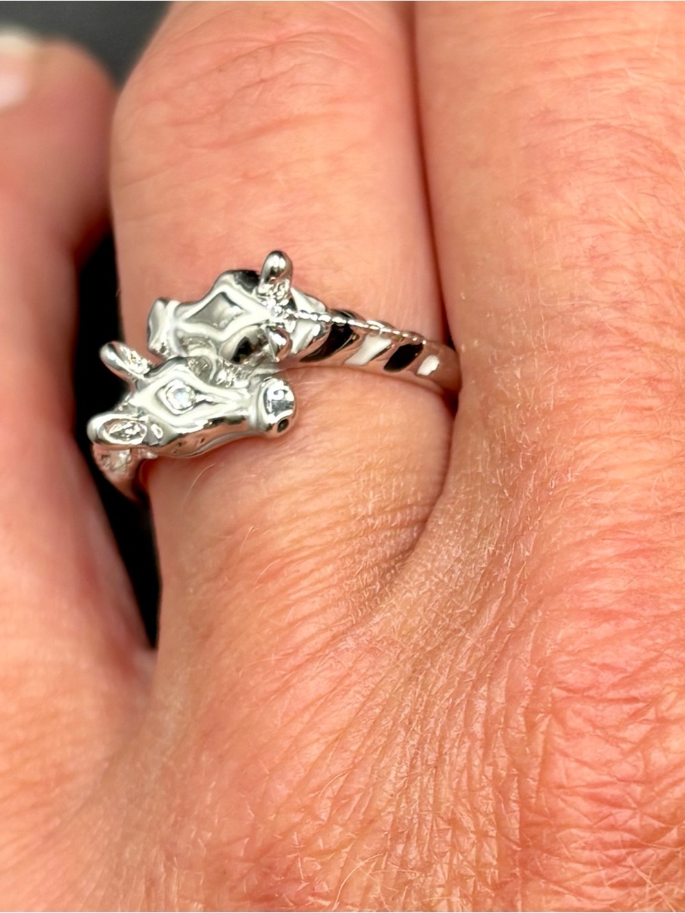 Double Zebra Bypass Ring Silver Tone Rhinestone Black Enamel Animal Size 5.5
